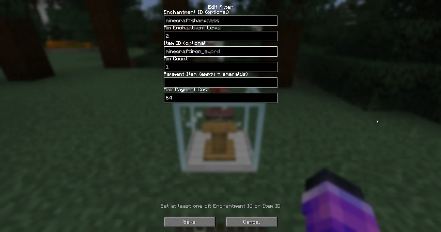 Easy Auto Cycler editor showing payment item, trade item, enchantment, level, and cost fields