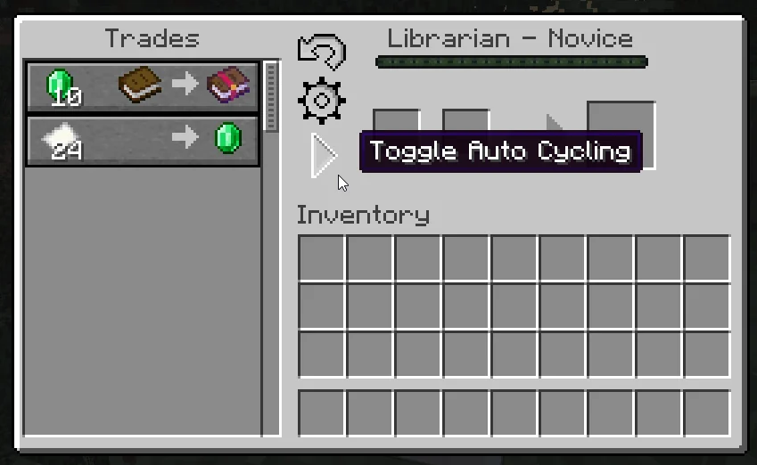 Minecraft villager trading screen with Easy Auto Cycler configuration and play buttons
